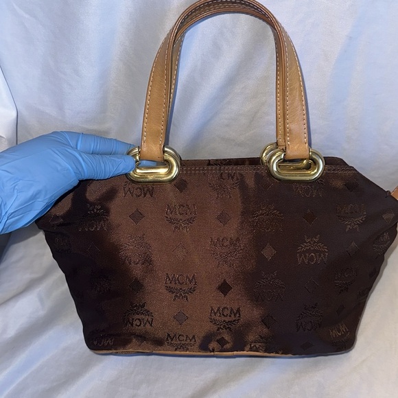 MCM Mini Visetos Nylon x leather Brown Monogram tote Hand Bag - Picture 3 of 11